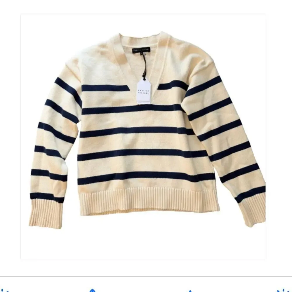 English Factory Striped Sweater Large Navy Cream V Neck Coastal Preppy NWT